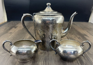 Vintage Silver On Copper 7 Teapot Set With Cream And Sugar Crown Symbol