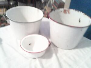 2 Old Enamel Metal Buckets Small Chamber Pot