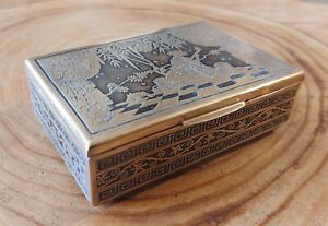 Vintage Eastern Persian Islamic Wood Lined Brass Cigarette Trinket Box Girl Lute
