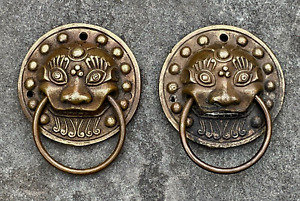Pair Antique Chinese Bronze Foo Lion Dragon Head Drawer Pulls Door Handles