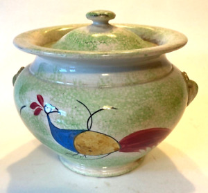Antique Pearlware Green Spatterware Peafowl Covered Sugar Bowl