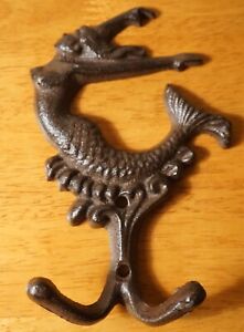 Diving Mermaid Double Hook Rustic Cast Iron Sign Nautical Beach Home Decor New