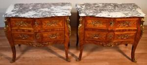 1920 Pair French Louis Xv Walnut Satinwood Inlaid Marble Top Chest Of Drawers