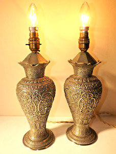 Chinese 19th Cen Pair Of Silver Toned Metal Baluster Vase Table Lamps