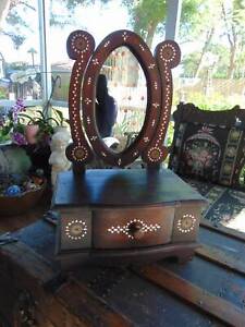 Antique Handcrafted Inlaid Abalone Vanity Shaving Chest W Tilt Mirror 21 Tall