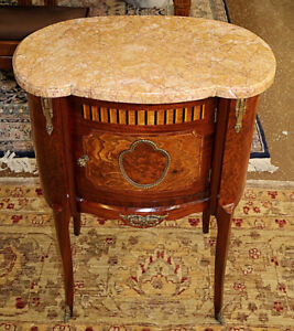 French Louis Xv Style Marble Top Burled Inlaid End Table Nightstand Cica 1920