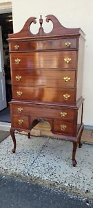 Vintage Mahogany Queen Anne Style Chippendale Highboy Dresser Chest