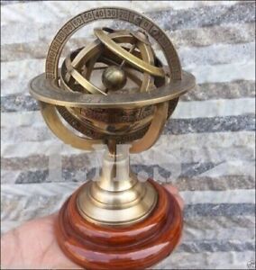 Engraved Brass Tabletop Armillary Nautical Sphere World Globe With Base Table