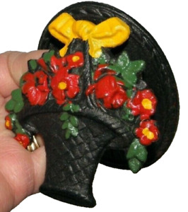 Cast Iron Door Knocker Black Basket Of Red Flowers Green Leaves Yellow Ribbon