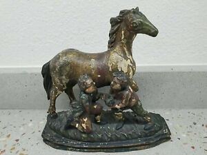 18th Century Folk Art Carved Sculpture Two Men Shoeing A Horse
