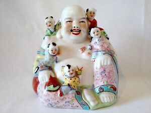 7 Vintage Chinese Porcelain Laughing Buddha With 5 Children