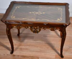 1920 Antique French Louis Xv Walnut Floral Inlay Coffee Table With Glass Tray