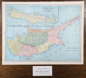 Vintage 1902 Cyprus Crete Map 14 X11 Old Antique Original Candia Nicosia