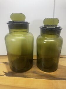 Set Of 2 Antique Hand Blown Glass Smoky Olive Green Apothecary Jars Canisters