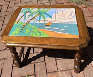 Antique Taylor 6 Tile End Table Wood Mission Era Monterey California Palm Boat
