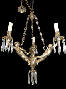 Vintage French Bronze Putti Cherub 3 Arm Chandelier Crystal Glass Drops 1960