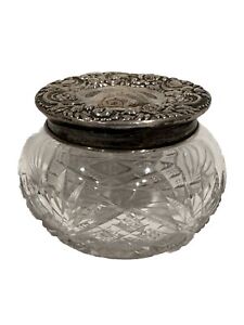 Antique Sterling Silver Repousse Cut Glass Dresser Jar