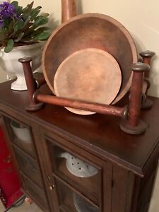 Antique Wood Spool Bobbin Bowl Holder Old Make Do Primitive Book Stand