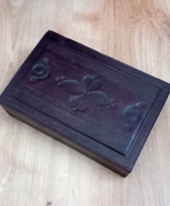 Vtg Wood Box Covered With Cordovan Colored Tooled Leather Intricate Design