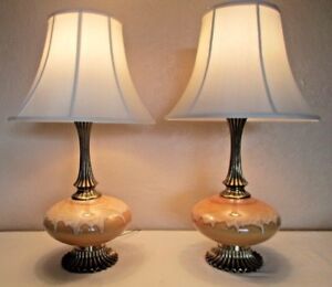 Westwood Hyalyn Mid Century Drip Glaze Caramel Brown Pottery Brass Table Lamps