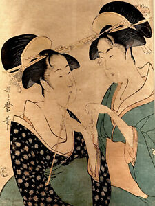 18th Century Kitagawa Utamaro Antique Japanese Woodblock Print Two Women