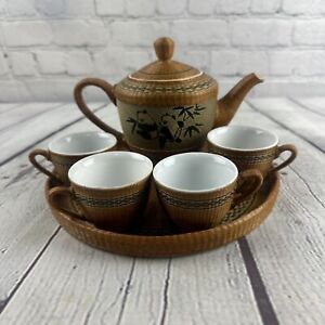 Rare Vintage Qing Dynasty Bamboo Weave Over Porcelain Panda Tea Set Excellent 