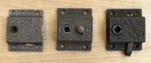 1586 Three Antique Ornate Cast Iron Surface Door Knob Lock Plate Cover As Is