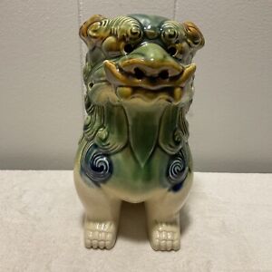 Chinese Antique Foo Dog Porcelain Ceramic Statute Green Blue Glazed Cream Base