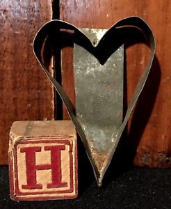 Antique Primitive Folk Art Tin Heart Cookie Cutter Toy Wood Block Aafa