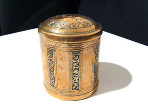 Antique Indian British Ceylon Brass Tea Caddy Canister W Silver Copper Inlay