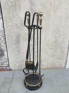 Pilgrim 4 Pc Vintage Fireplace Tool Set Brass Wrought Cast Iron 31 Usa Made