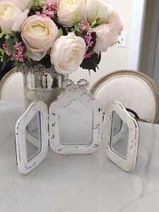 Shabby Bow Wood Tri Fold Vanity Mirror Distressed White Dresser