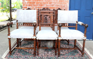 Set Of 6 French Antique Oak Britany Upholstered Dining Chairs New Fabric