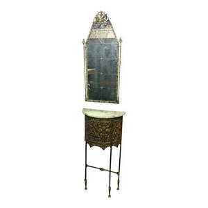 Oscar Bach Gorgeous Bronze Stand W Marble Top Mirror C 1900