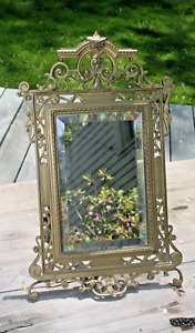Antique Bronze Table Top Beveled Mirror Frame Brass 17 H