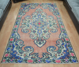 Turkish Vintage Carpet 4 7x7 9ft Blue Pink Oriental Handmade Area Carpet Rug 