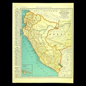 Vintage Peru Map Ecuador Wall Art Decor South America 1940s Antique Original