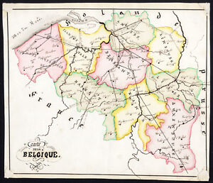 Unique Manuscript Map Belgium Provinces Cities Railroad Dumont 1865