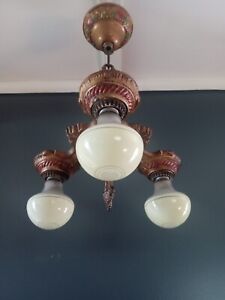 Antique Art Deco 3 Bulb Ceiling Light Fixture Polychrome Chandelier Cast 1920s