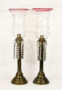 Pair 19th Century Spring Loaded Russian Candle Holders Crystals And Cut Glass