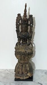 Antique Old Northern Thailand Wood Statue Of A Crowned Seated Buddha Figure