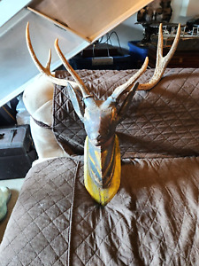 19th Century German Polychromed Hand Carved Wood Stag Deer With Real Antlers