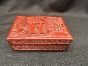 19th C Chinese Cinnabar Red Lacquer Wood Box Hand Carved Trinket