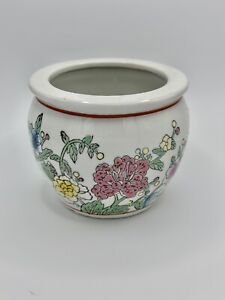 Vintage 3 75 Chinese Jardiniere Floral Cabbage Rose Fish Bowl Planter Vase Pot