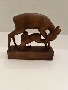 Antique Wooden Carving Sculpture Hans Huggler Bern Swiss Quality Deer With Doe