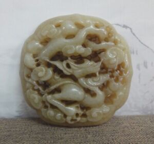 Very Fine Old China Hand Carving Dragon Natural Nephrite Jade Round Pendant