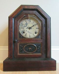 Antique Ingraham Mantel Clock Wood Tombstone Chime Rare Pendulum