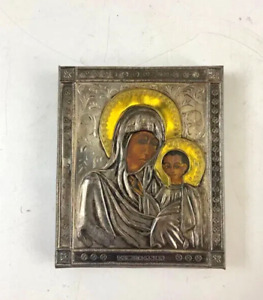 Russian Antique Imperial Icon Silver Mary Godmother With Child