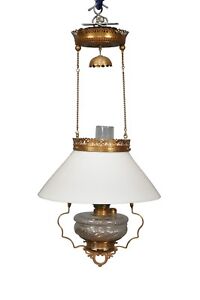 Antique Victorian Brass Milk Glass Hanging Oil Lamp Chandelier Pendant Light