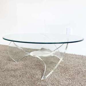 Mid Century Modern Sculpted Lucite Oval Glass Top Coffee Table